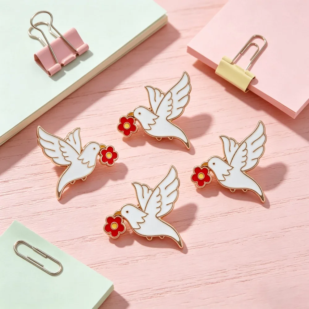 4-16Pcs Peace Dove Enamel Brooch Lapel Pin White Pigeon Red Flower Badge Decorative Pin for Clothes Bag Accessory Valentine Gift