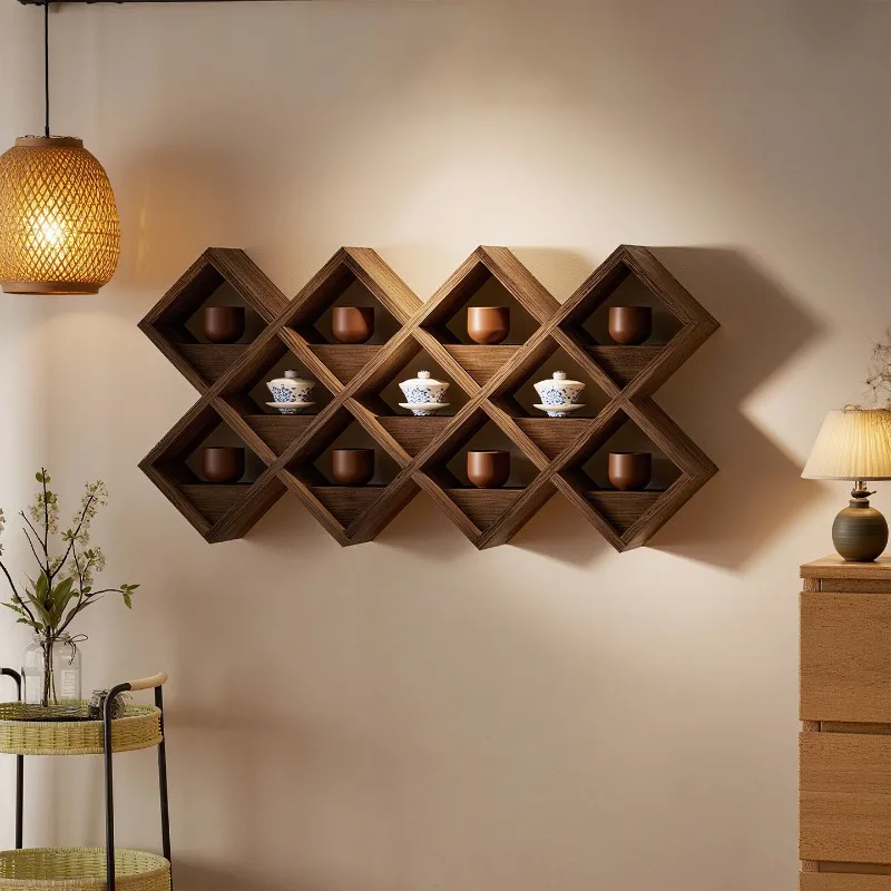 Wall Mounted Solid Wood Display Shelf, Tea Set Storage Rack for Teapot & Tea Leaves, Multi-Compartment Chinese Style Shelf