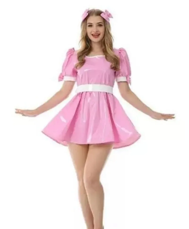 

Sexy sissy French maid pink PVC lockable ruffle edge dress maid cosplay costume customizable