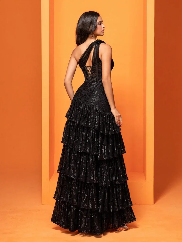 European American Elegant Oblique Shoulder Temperament Cocktail Party Dinner Dress Luxury Split Bridesmaid Graduation Cake Dress