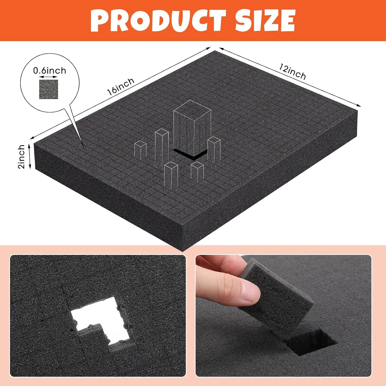 12 Pcs 16 x 12 x 2 Inch Pre-cubed Pick Apart Foam Sheets Pre-cut Polyethylene Foam Inserts Black Packing Padding for Tool Box, Camera, Crafts and Storage Case