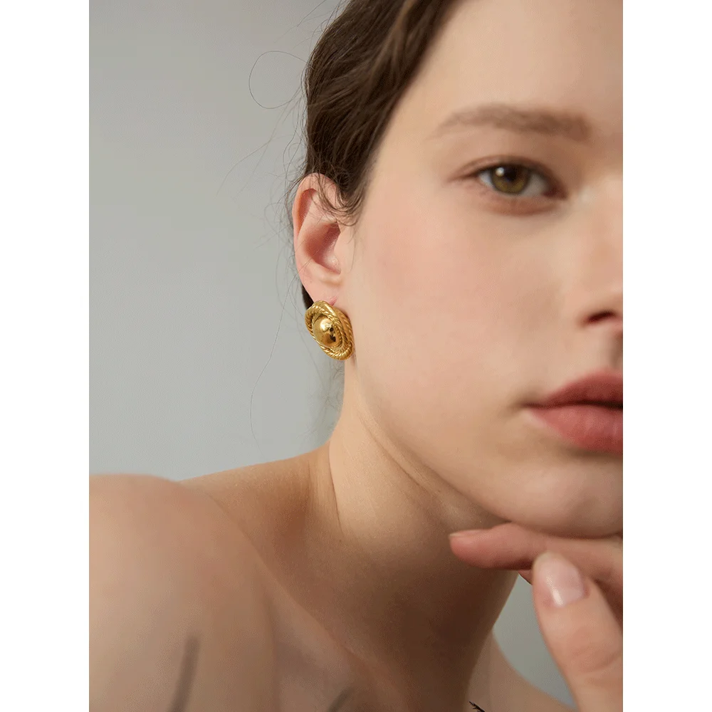 Yhpup Fashion Trendy Stainless Steel Metal Round Stud Earrings Prevent Allergy 18K Gold PVD Plated Versatile Daily Jewelry Women