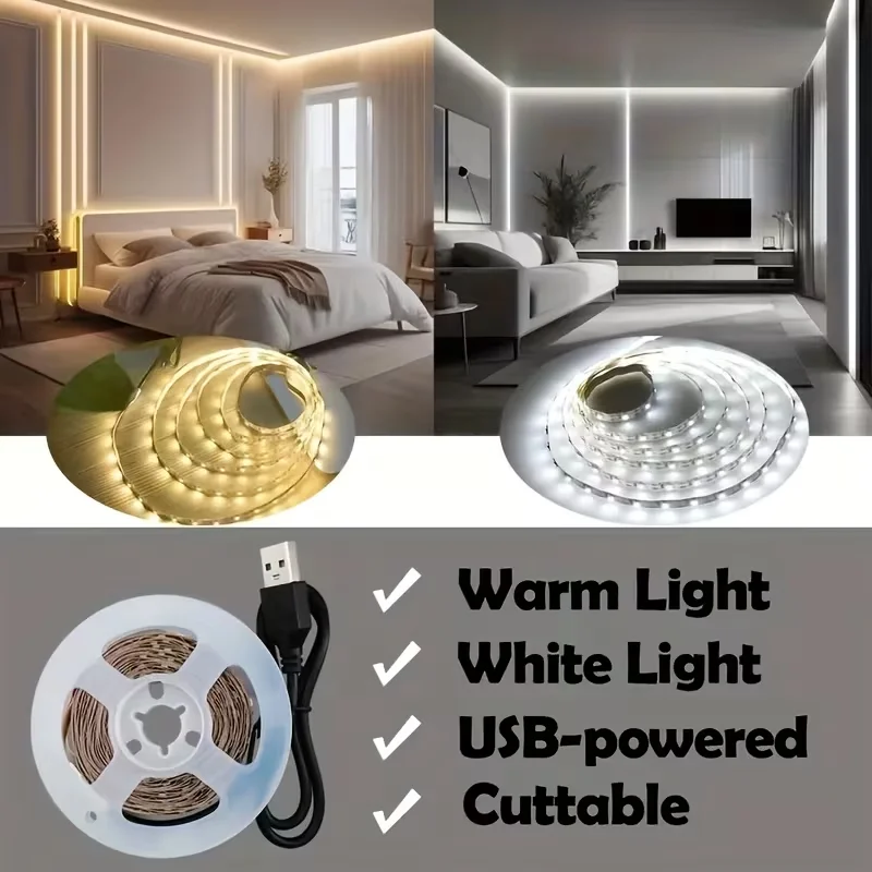 USB Light Strip Dc5V, Bright Flexible Led Strip, Can Be Cut to Any Length, 2835 Led Strip, 3000K Warm White/6000K Cool White, for Cabinet, Christmas, Tv Backlight, Bedroom, Kitchen and Bathroom Decoration, Cabinet Ligh