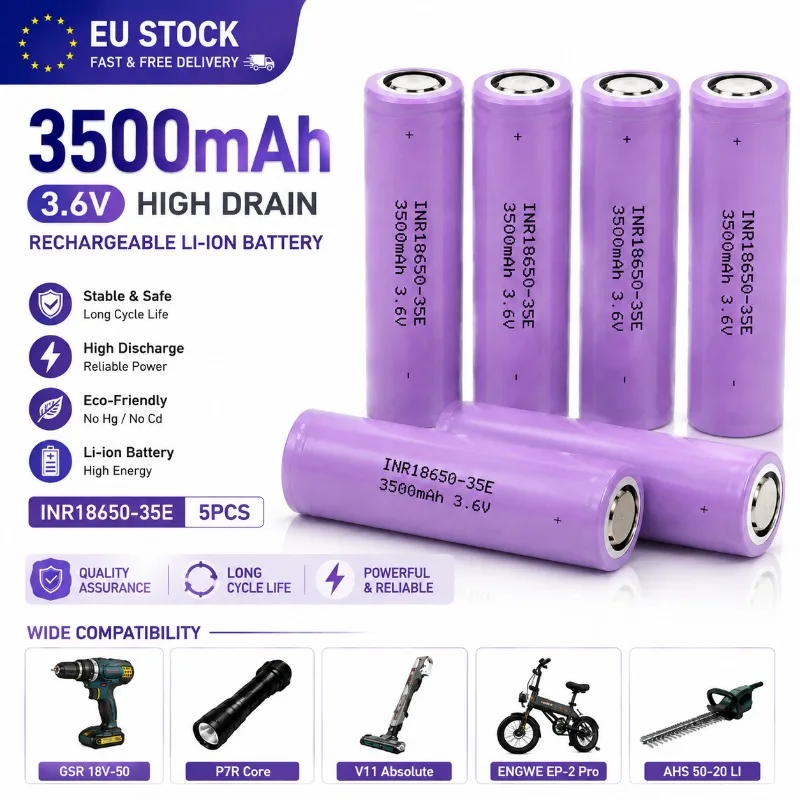 Image of 3500 mAh 18650 Lithium-Batteriezelle INR18650-35E 3,6 V, hohe Energie, wiederaufladbar, niedriger Widerstand, für DIY-Powerpacks, E-Bikes, Taschenlampen und tragbare Geräte.