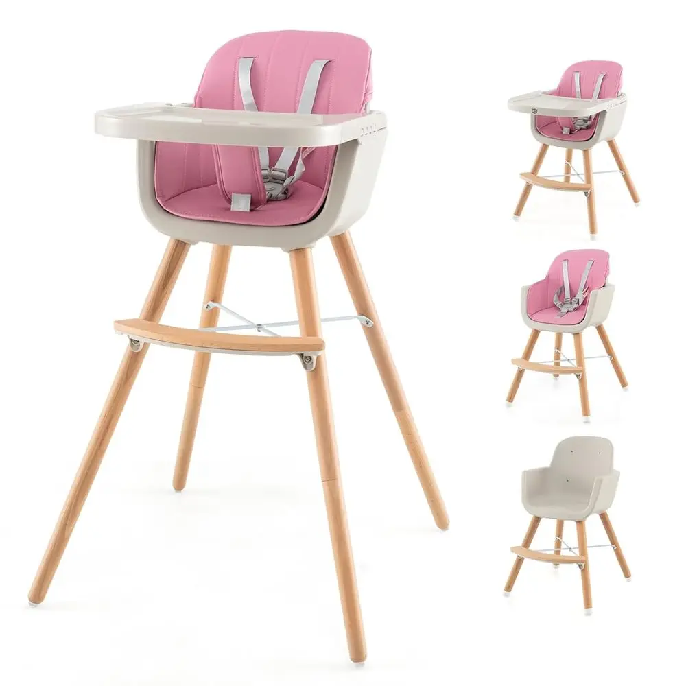 

3-In-1 Wooden Toddler High Chair with Detachable Tray, 5-Point Harness, Cushion, and Footrest, Convertible for Babies and Toddle