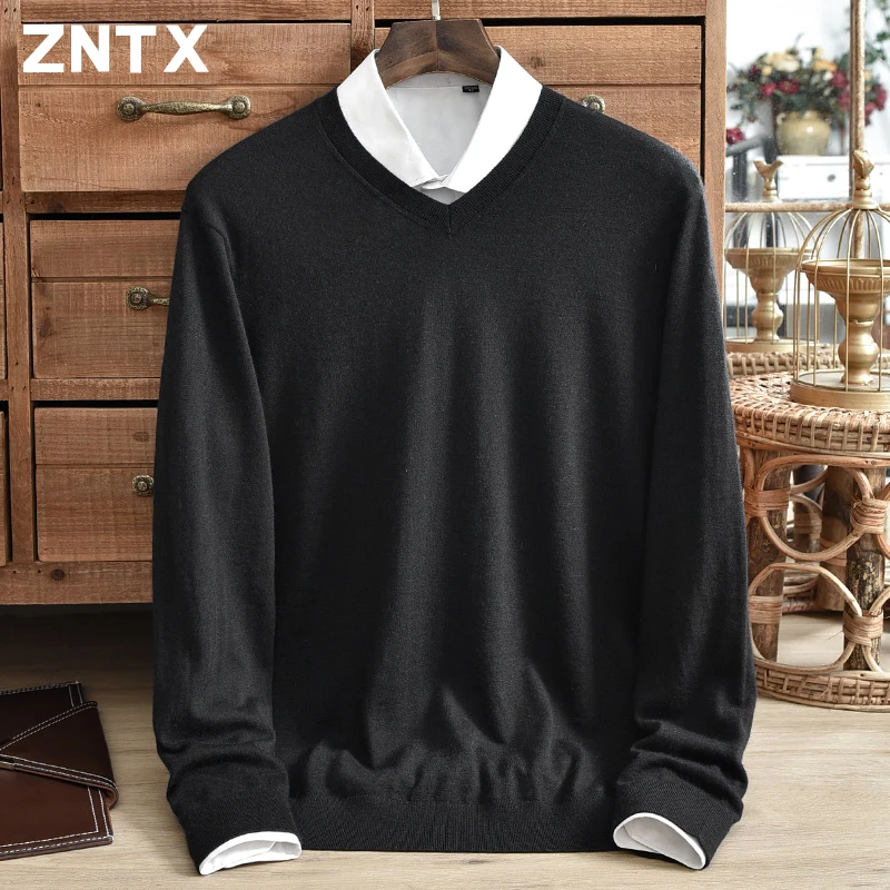 

Autumn men's pure cashmere sweater, finely spun V-neck thin design, business casual, solid color pullover, formal, high-end