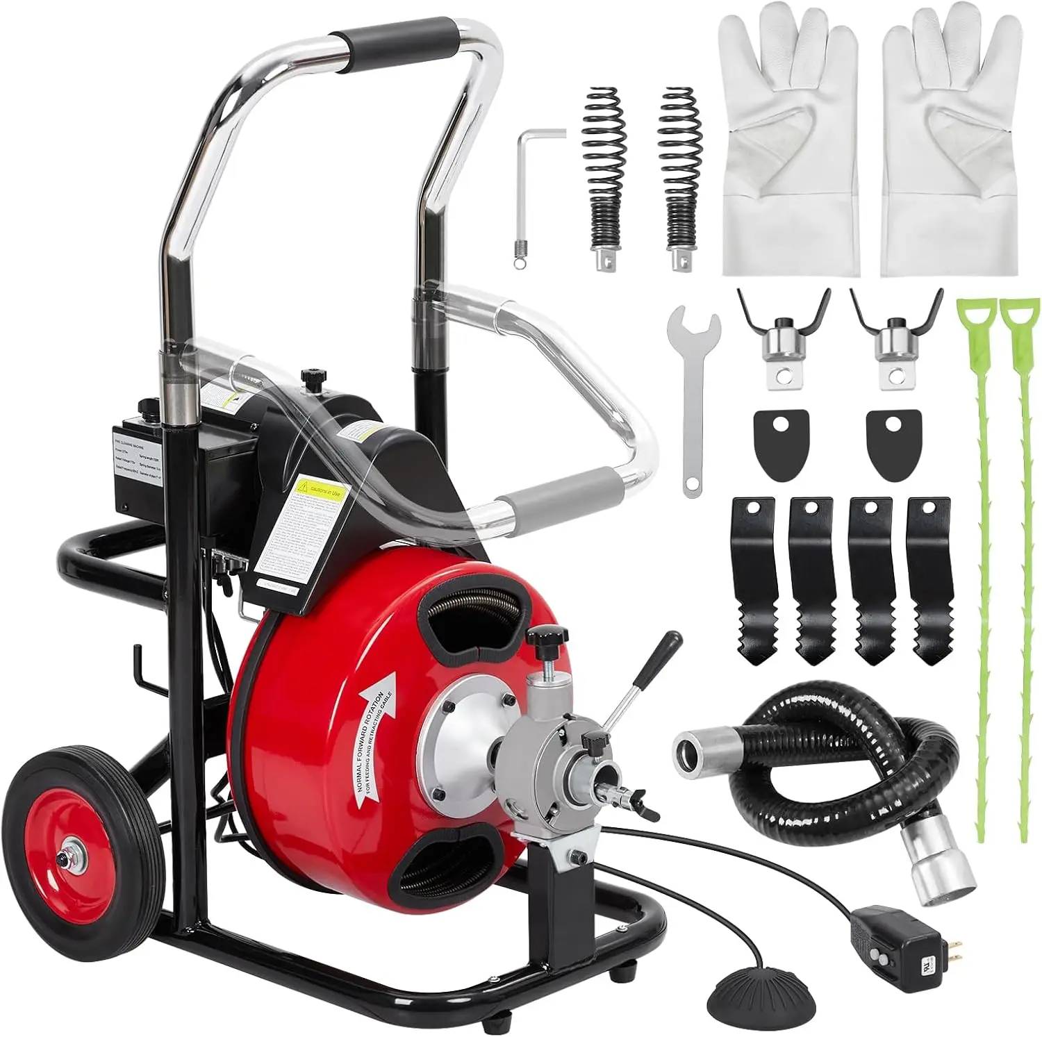 Electric Drain Cleaner Machine - Fully automatic 75 Ft x 3/8 InchSteel Cable, 370W Power, Foot Switch Control