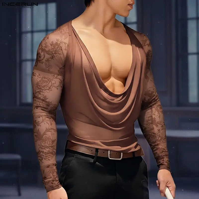 INCERUN Herren T-Shirt mit Blumendruck Langarm Mesh Transparent Herrenbekleidung Sexy 2026 Streetwear Mode Lässige Oberteile Hemden