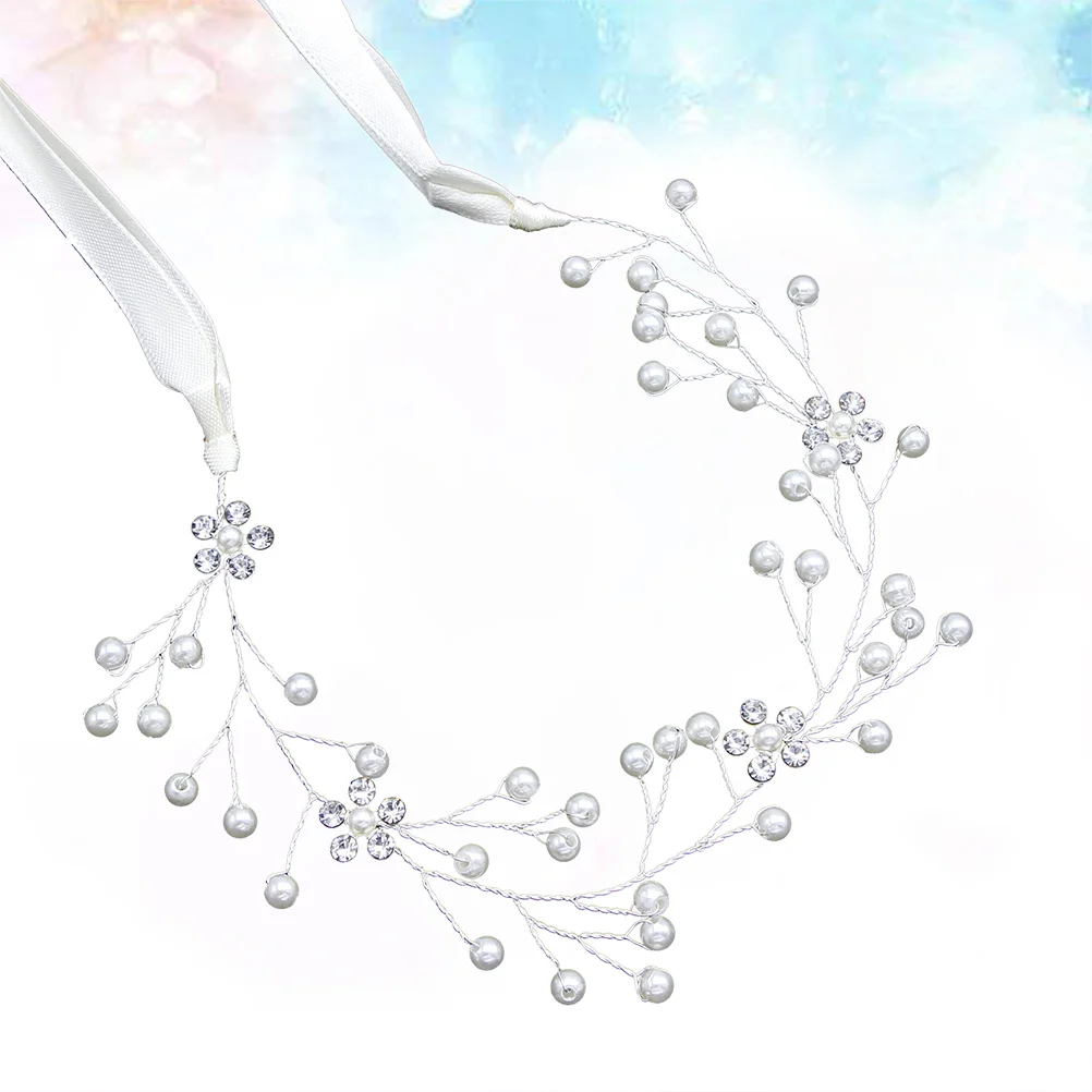 

Pearl Silver Headband Rhinestone Bridal Hair Accessories Wedding Headpiece Elegant Design Ribbon Pearl Headband with Ribbon