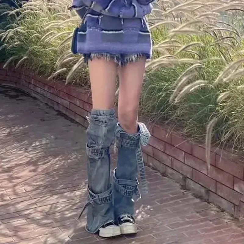 

2024 Harajuku Punk Denim Leg Warmer Socks Women Gothic Chic Solid Casual Bandage Foot Covers Y2k Aesthetic Grunge Streetwear