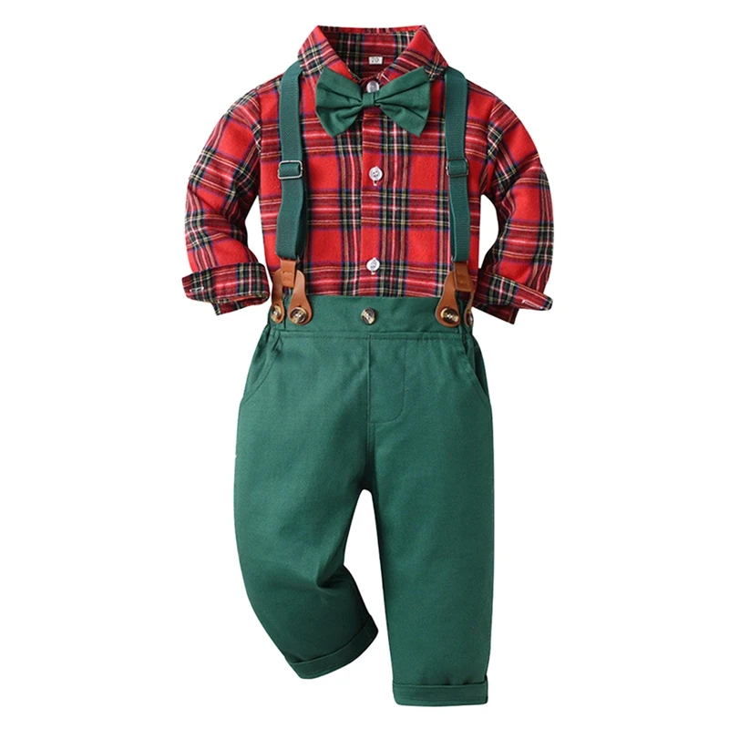 Children\'s Bow Turn Down Collar Plaid Long Sleeves T Shirt and Overalls Set Boys Party Performace Clothing