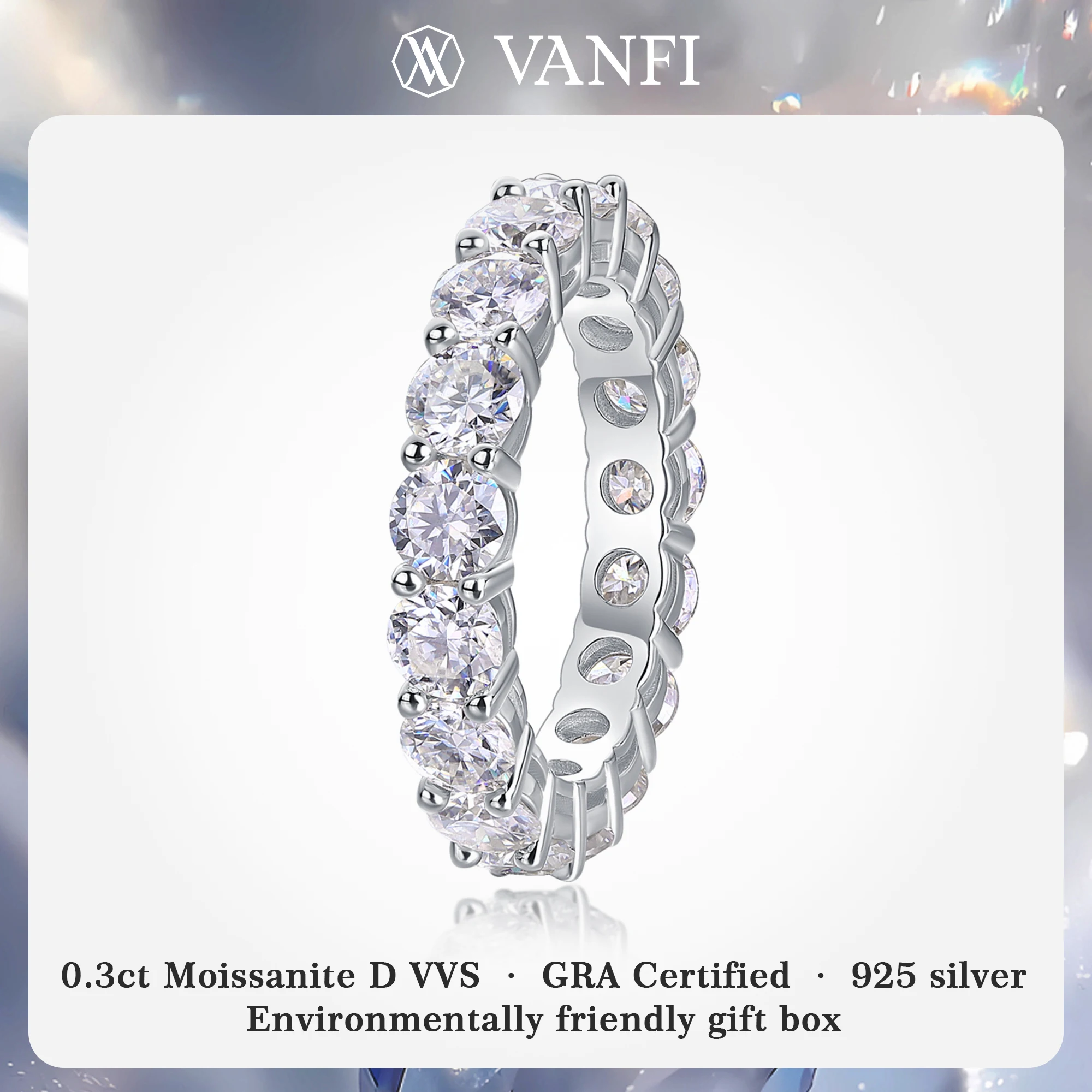 

kfvanfi 0.3ct Moissanite GRA certified D VVS women's ring s925 sterling silver plated 18K white gold lab diamond party jewelry