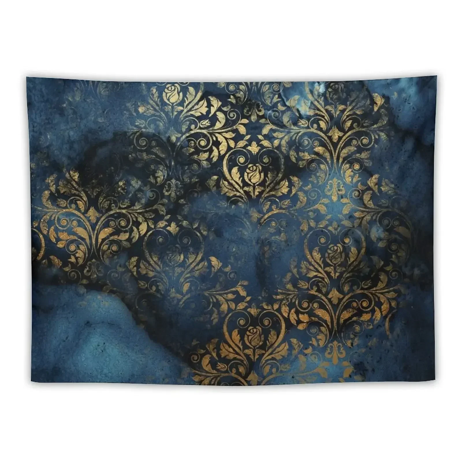 Indigo Blue Shiny Gold Damask Tapestry Home Decorations Aesthetic Wall Decor Hanging Tapestry