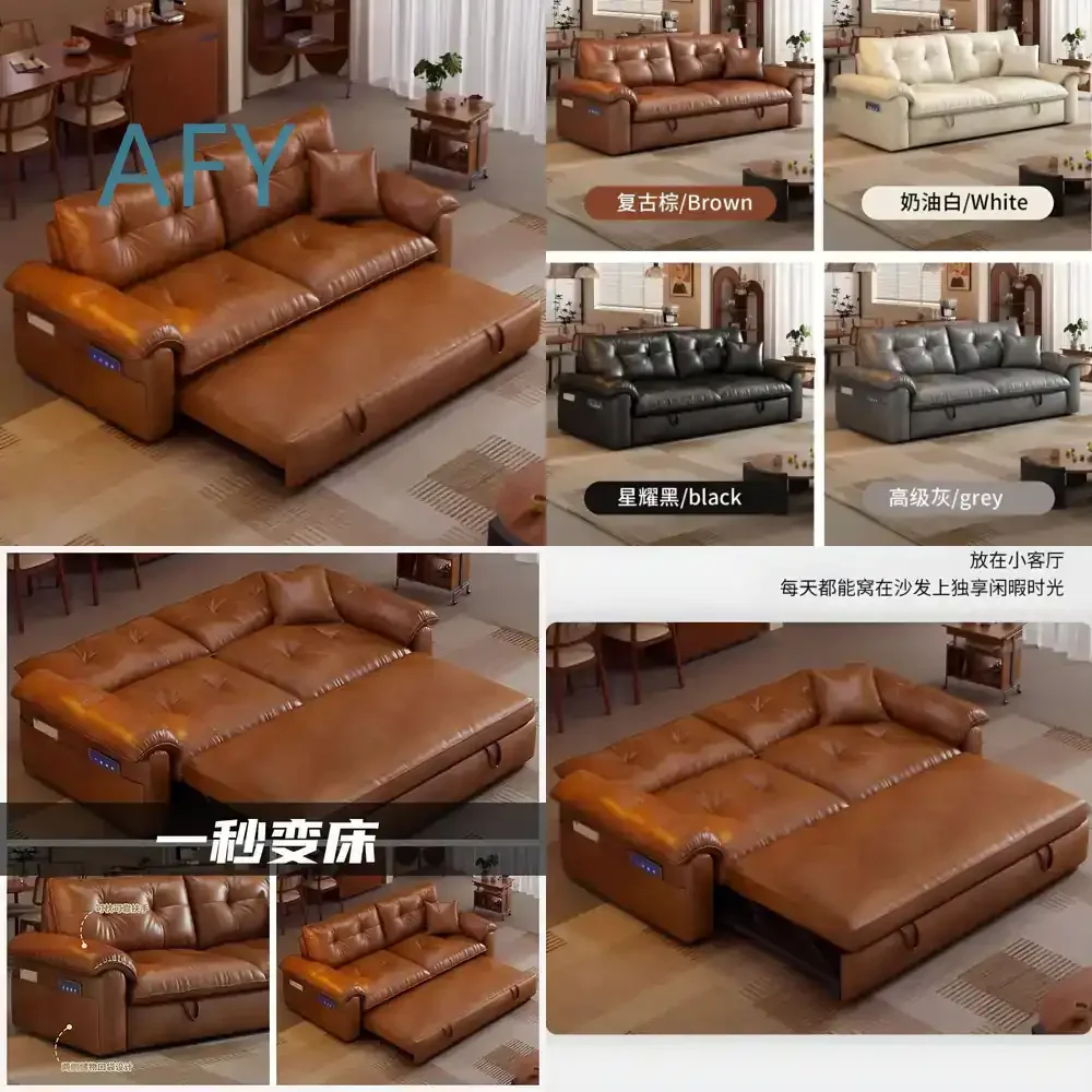 Retro Oil Wax Leather Sofa Bed Foldable Convertible 2 in 1 Extendable Vintage Pull Out Bed for Small Apartments Living Room