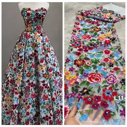 1 Yard FABRIC Costura Lace Fabric for Dresses Women tela y encaje Embroidery Tulle Mesh Flowers with Sequins Luxury