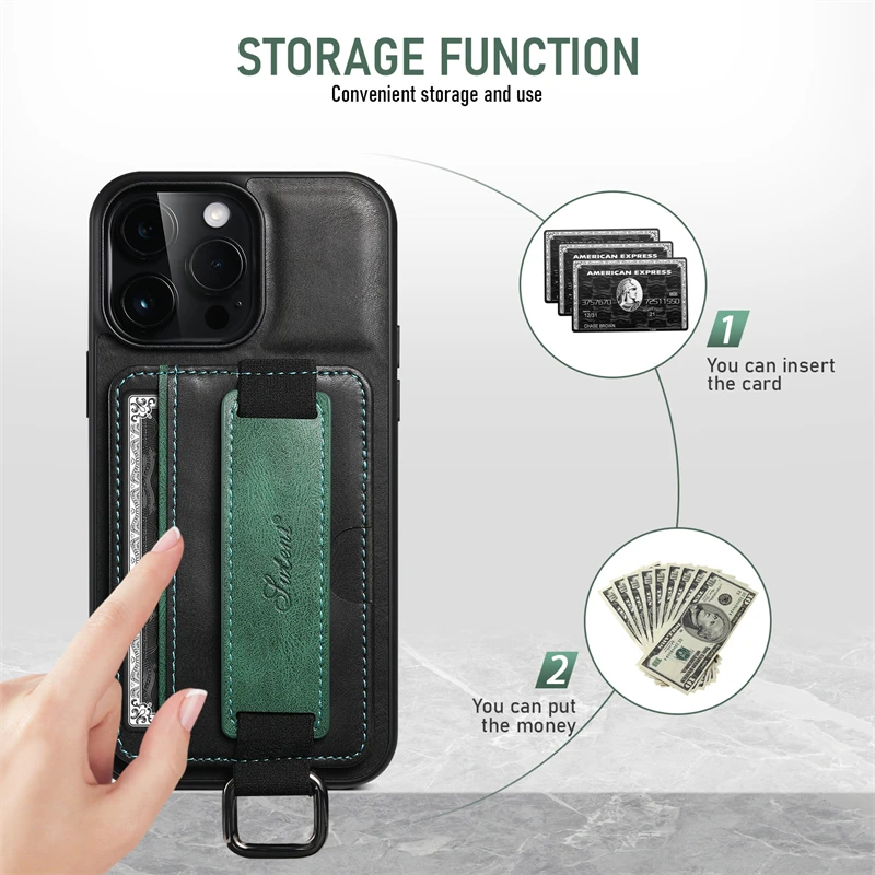 Slim Fit Premium Leather Wallet Case For iPhone 16 Pro Max 13 11 12 14 15 Pro Max 15 Plus Wrist Strap Card Holder Slots Cover