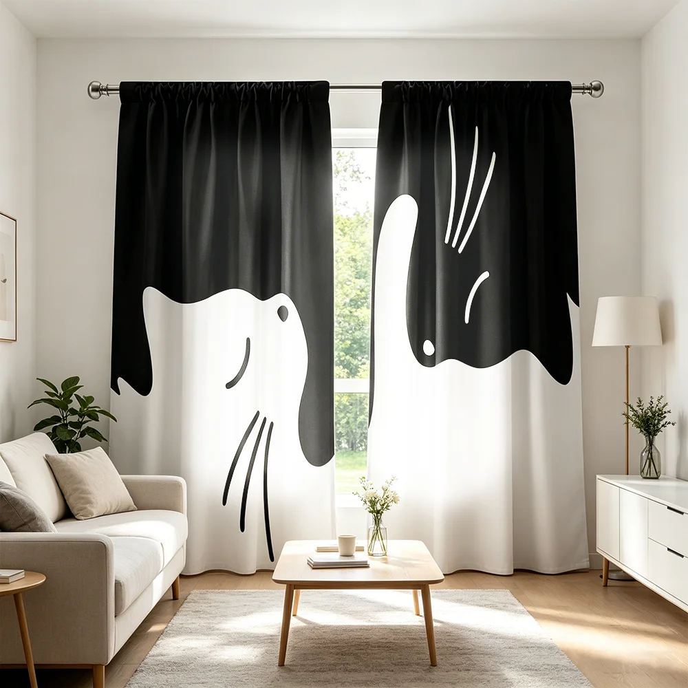 2PCS Black White Cat Curtains, Animal Pet Print, Cute Window Drapes for Living Room Bedroom Kids Room Home Decor