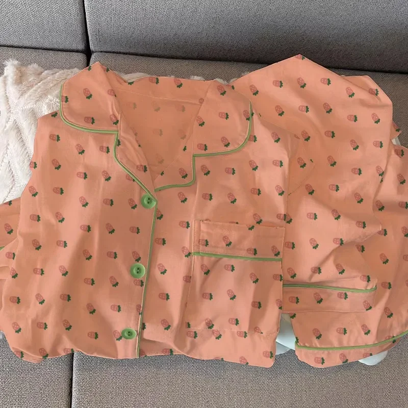 

Sleeping Pajamas for Women Strawberry Printed Long Sleeve Sweet Student Dormitory Home Wear Set Top Big Size Ladies Nightwear