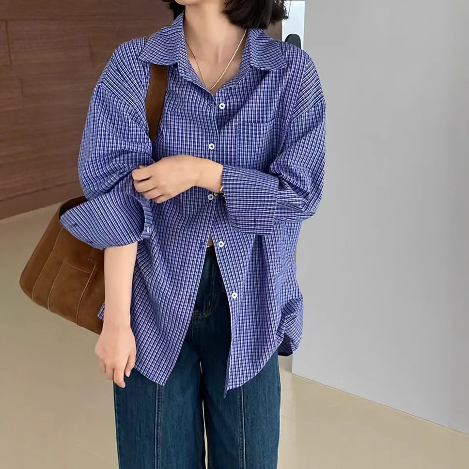 

Негабаритная корейская модная одежда Camisa, винтажные синие клетчатые рубашки для женщин, Harajuku, клетчатая блузка с вышивкой букв, женская