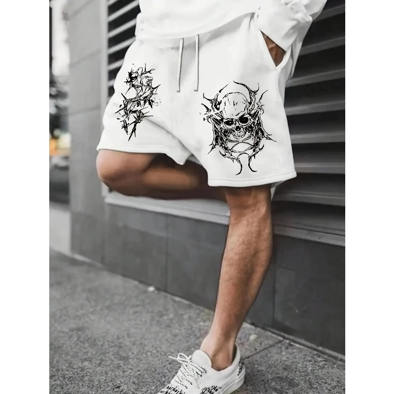 

Simple skull print drawstring waist shorts, versatile for summer casual sports