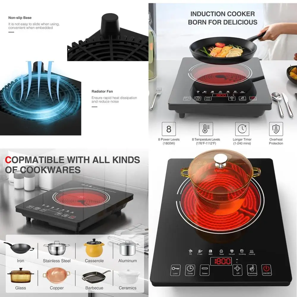 

1800W Portable Electric Single Burner Cooktop with LED Touch, 8 Power/Temp Settings, Timer, 110-120V for Home & Camping
