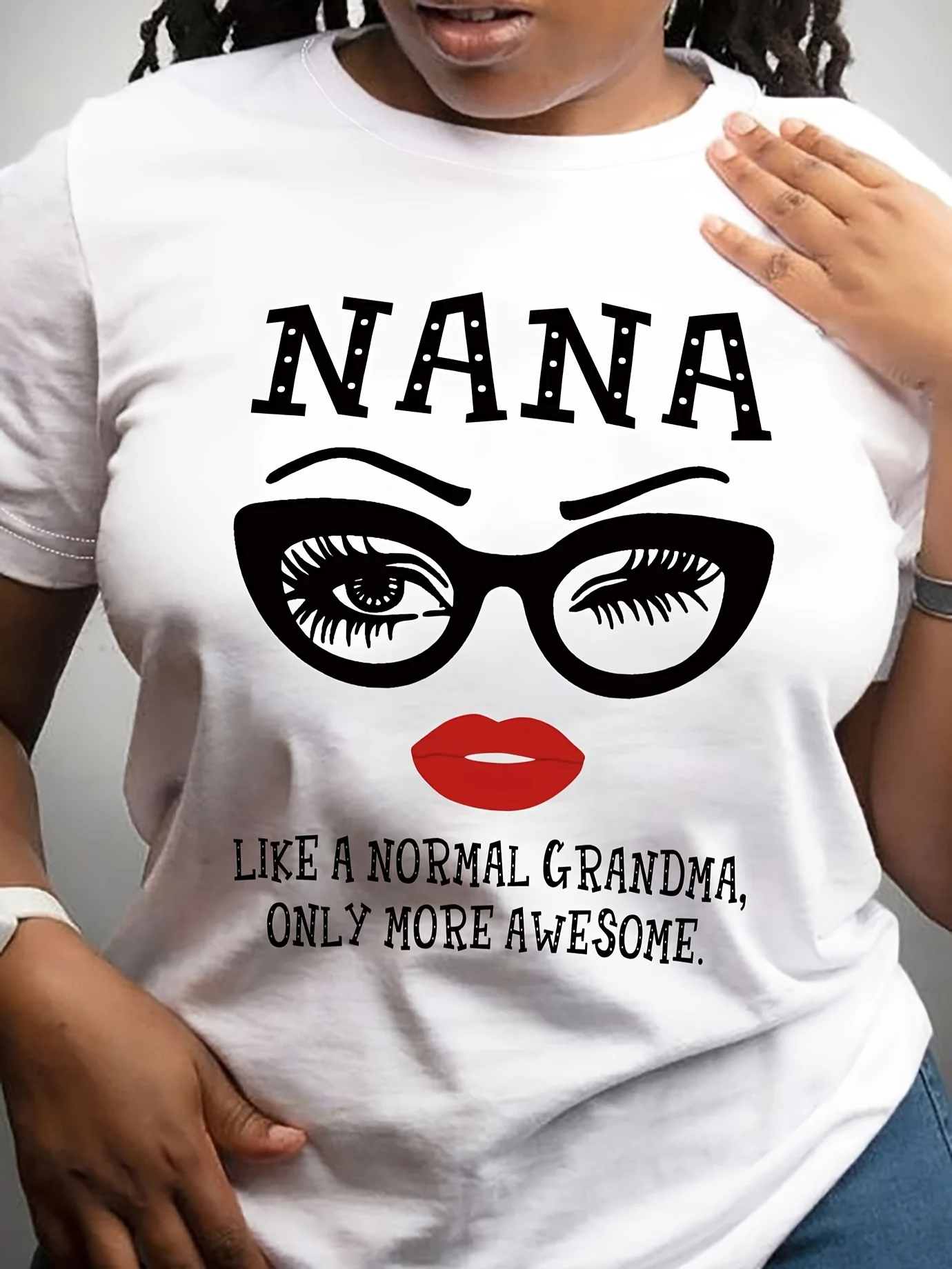 

Women's "Nana" Cartoon Portrait Print T-Shirt - Casual Crew Neck, Short Sleeve, Polyester, Machine Washable