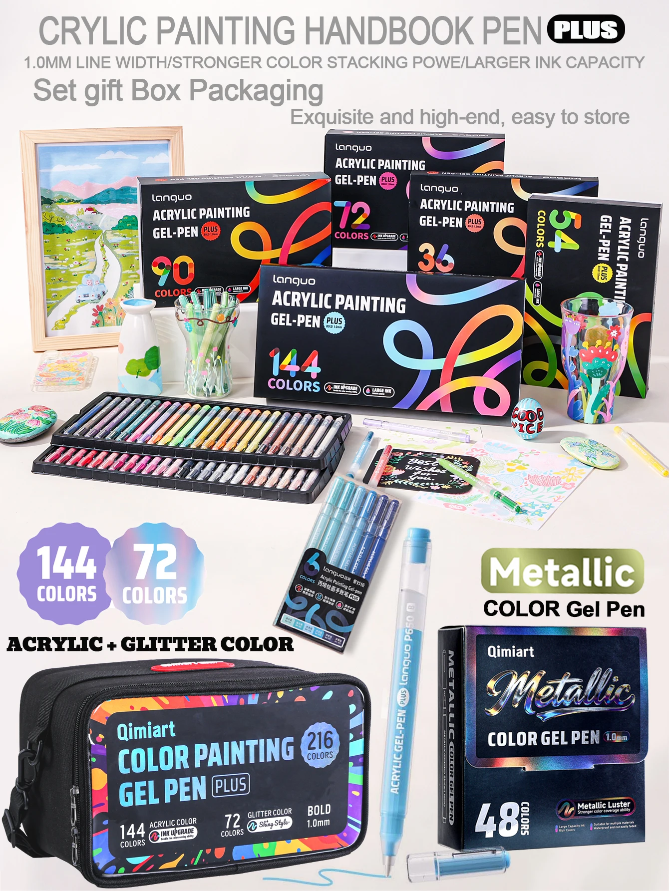 Bolígrafos 3D Estereoscópicos Blue Fruit - Juego de Bolígrafos de Gel Acrílico de 216 Colores y 48 Colores Metálicos y 15 Temas de Color (6 Colores) y 4 Opciones de Empaque en Caja de Regalo (Disponibles en 36/54/72/90/144 Colores) - Punta Fina de 1.0 mm,