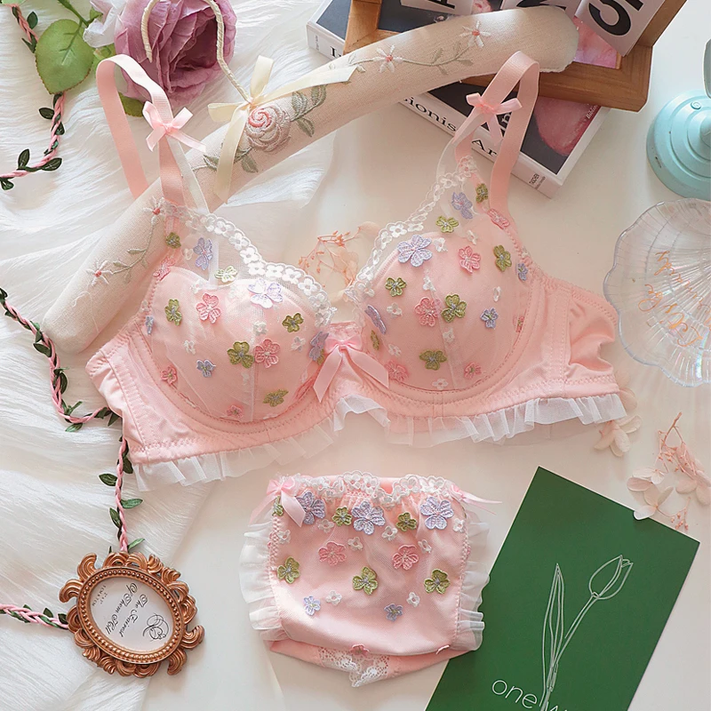 Flowers Japanese underwear thin cup colorful lingerie three-dimensional embroidery bra set with steel ring gathered bras