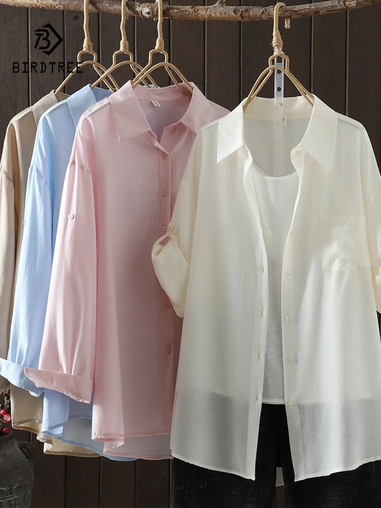 

New 2025 Summer Cotton Long Sleeve Shirt, Women Turn-down Collar Solid, Mori Girl Simplicity Basics Casual Loose Blouse T55850CC