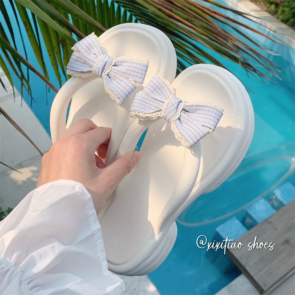 

Home Slippers Summer Girls' Height Increasing Thick Soled Sweet Butterfly Bow Beach Flip Flops Indoor Household Slippers