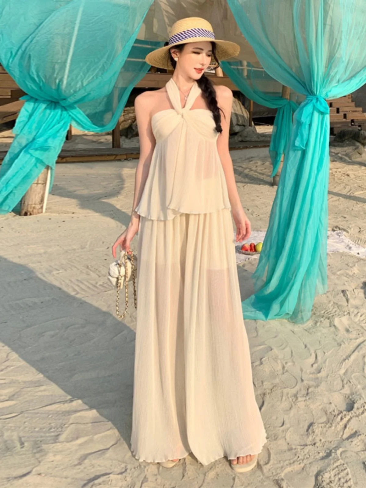 

Stylish Unique Neck Hanging Two-Piece Set Spring Fashionable Long Pants Cotton Blend Comfortable French Style Women's Ensemble