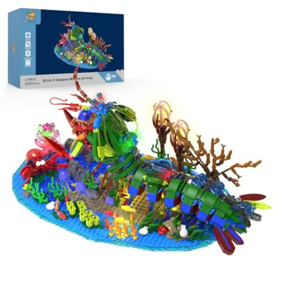 

Mechanical Mantis Shrimp Building Block Sets 1843 Pcs Sea Creatures DIY Model Kit with Miniature Undersea Landscape LED Light f