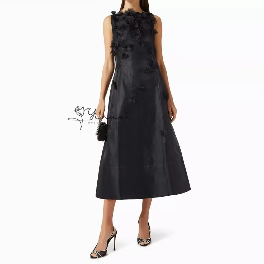 

Customized A-line Evening Dresses Tea-length Boat Neck Sleeveless Prom Dresses Fashion Flowers Simple Draped
