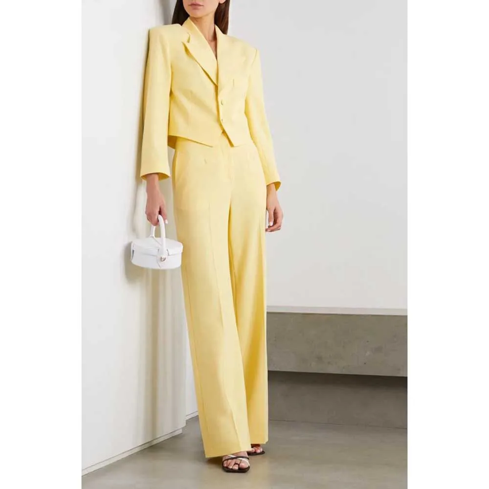 

Pretty Light Yellow Suits for Women Single Breasted 2 piece Jacket Pants Female Clothing Slim Fit Office Lady Blazers Sets