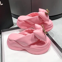 New Summer Cute pink Women Slippers Thick Sole Shoes Casual Platform Beach Flip Flops Leisure Bow tie Sandals Sneakers Woman