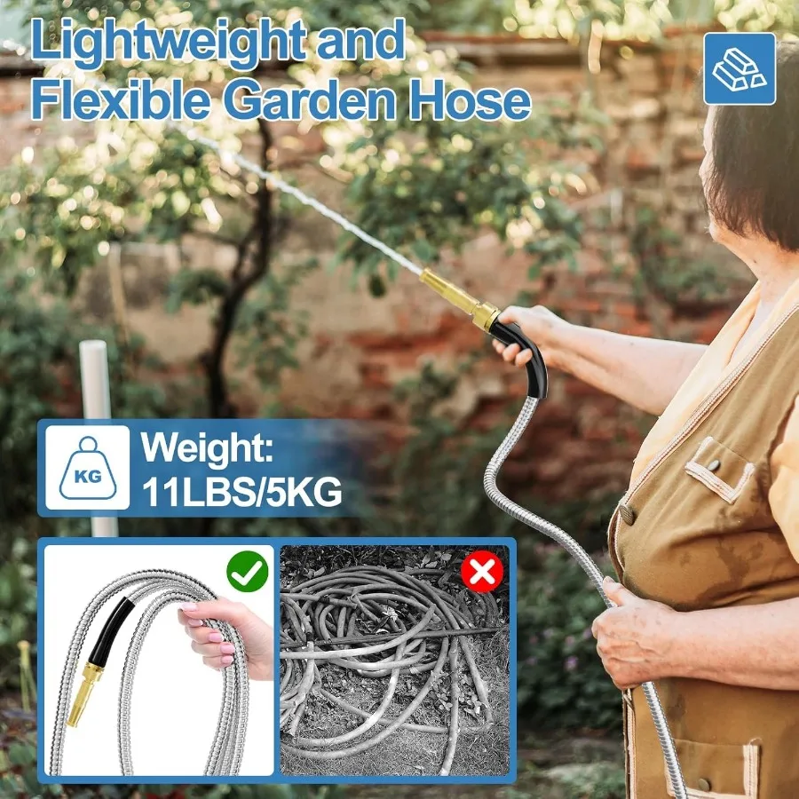 100 قدم 304 خرطوم حديقة من الفولاذ المقاوم للصدأ خرطوم مياه معدني عالي التحمل أنبوب خرطوم مياه مرن مع 3 4 موصلات نحاسية صلبة NoE #4