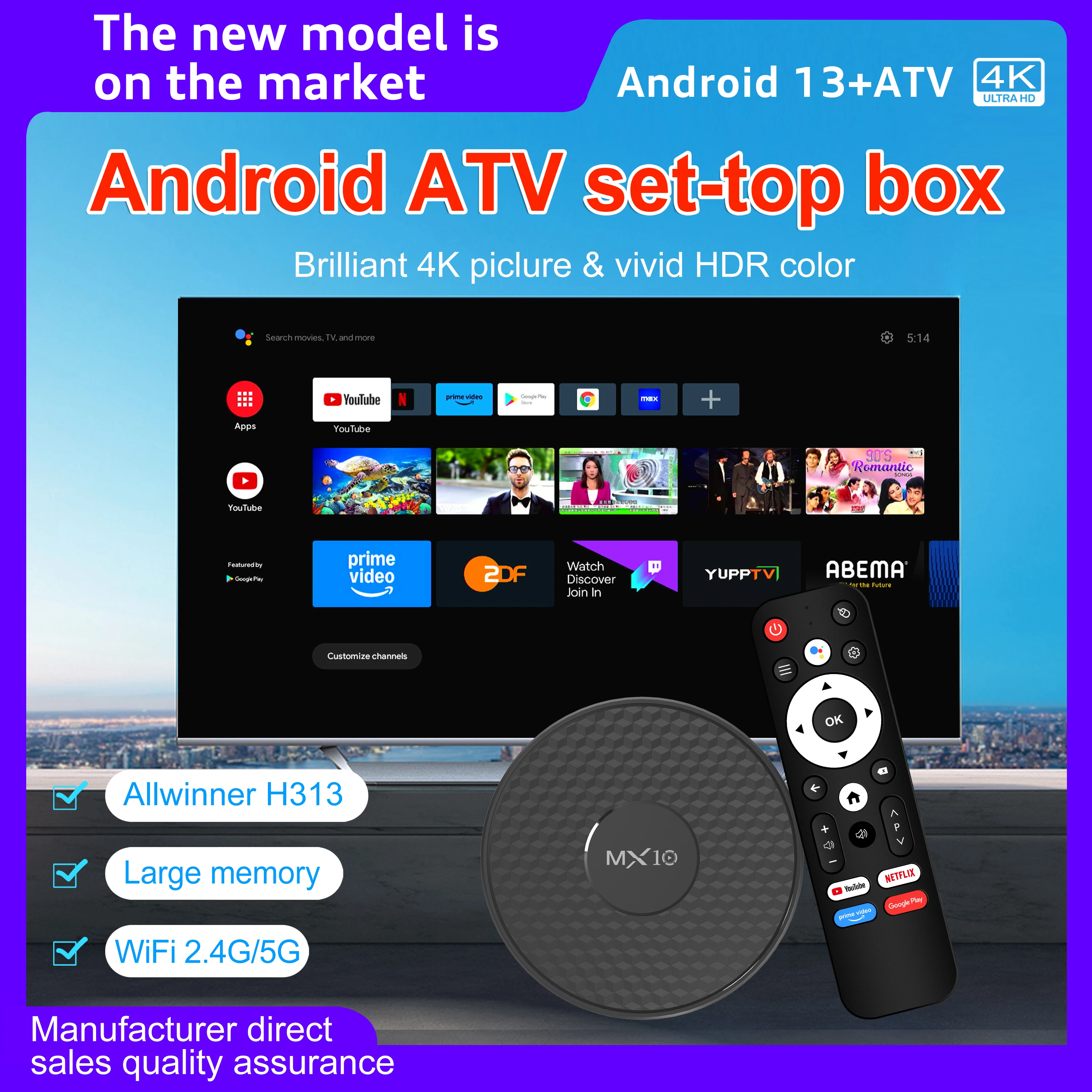 

TV Box Android Allwinner H313 Corte-A53 1.5GB RAM 8GB eMMC Flash MX10 K3 Smart Home Theater with More than 30 Multi-Languages