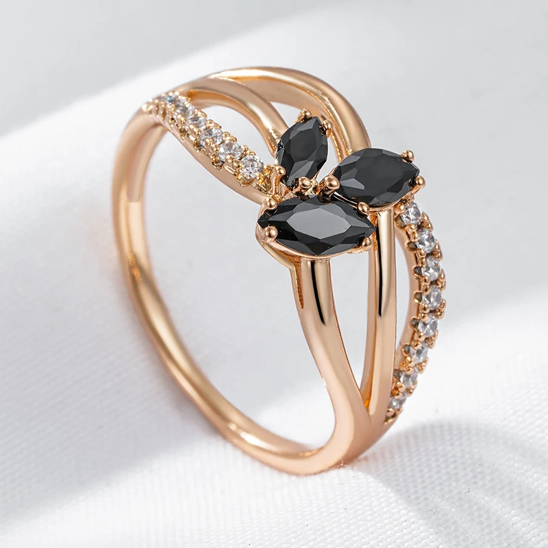 Wbmqda Trendy Black Natural Zircon Rings For Women 585 Rose Gold Color Wedding Party Fine Crystal Flower Jewelry Accessories