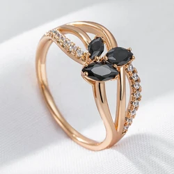 Wbmqda Trendy Black Natural Zircon Rings For Women 585 Rose Gold Color Wedding Party Fine Crystal Flower Jewelry Accessories