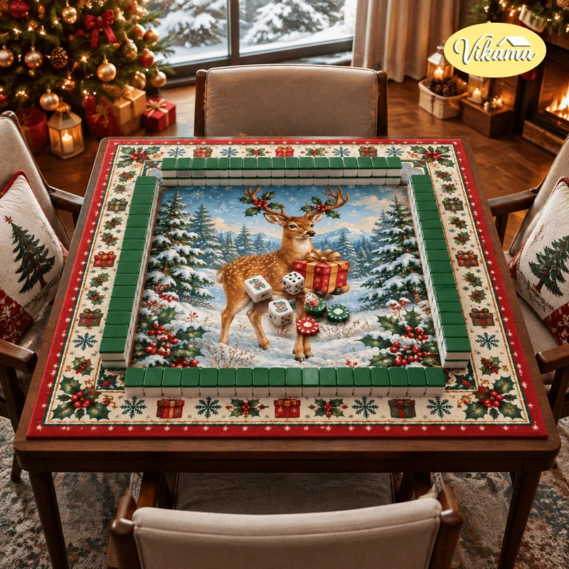 VIKAMA Christmas Gift Box Reindeer Mahjong Table Mat, Holly, Snowflake, and Bell Design, Non-Slip Game Mat, Home Decor