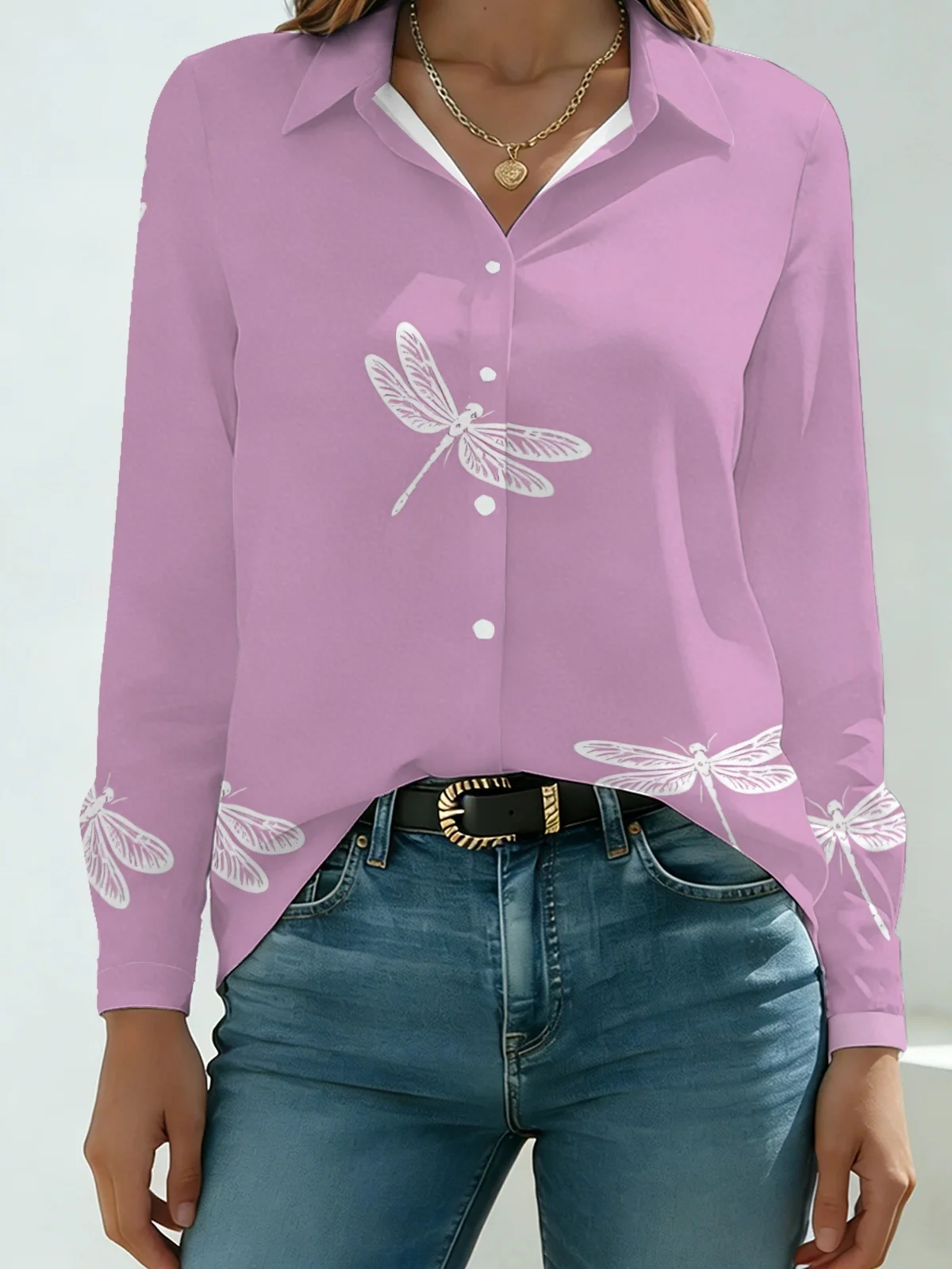 Nature Camping Insect Print Women Lapel Blouse Pale Purple Background Elegant White Outline Dragonfly Long Sleeve Travel Beach