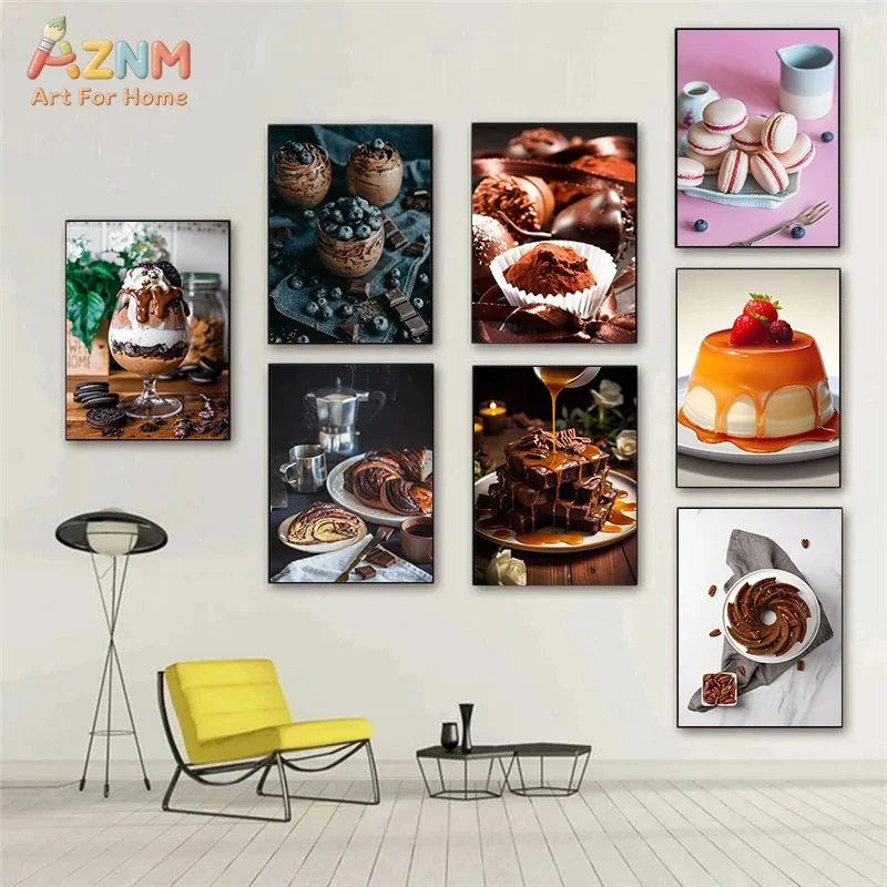 AZNM Delicious Dessert Bakery Food Canvas Poster Frameless Wall Art Croissant Cake Waffle Fruit Chocolate Print For Cafe Kitchen