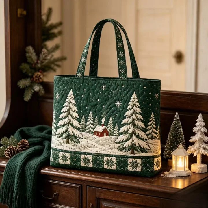 Winter Snowy Forest Cabin Quilted Tote Bag Green Christmas Large Carry Bag for Commute Travel Shopping Gift Pine Tree Snowflake