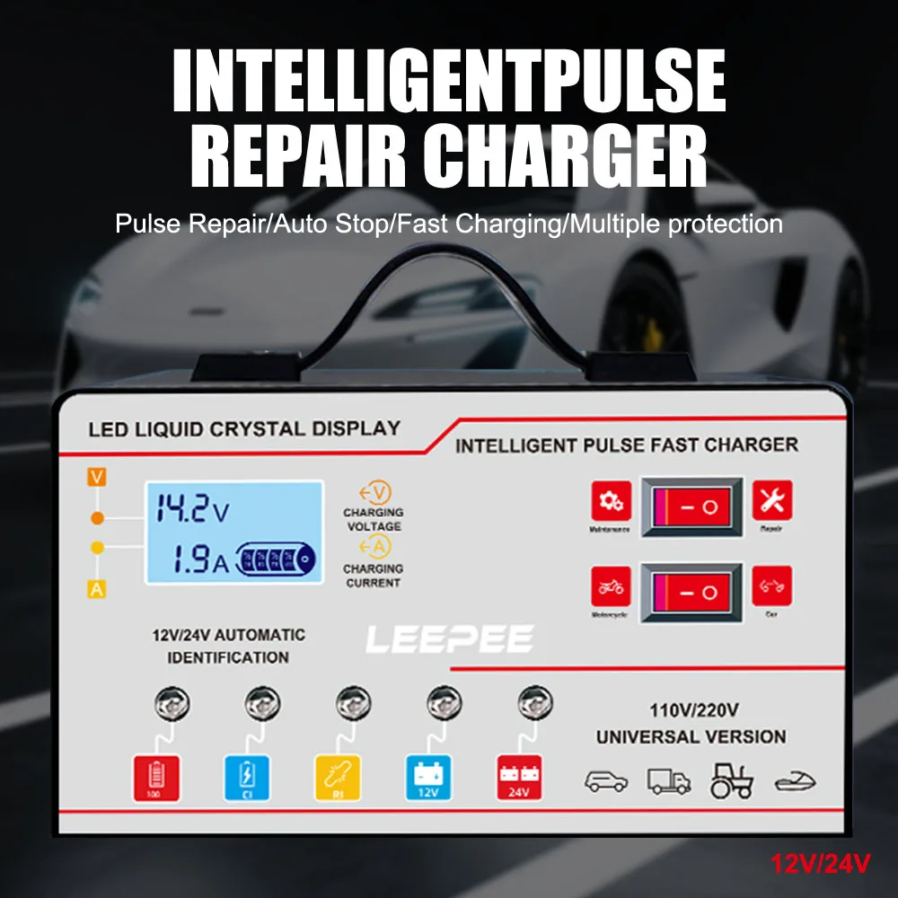 

Voltage Temperature Detection Overvoltage Protection Car Battery Charger Intelligent Pulse Repair 12V 24V 6A Digital LCD Display