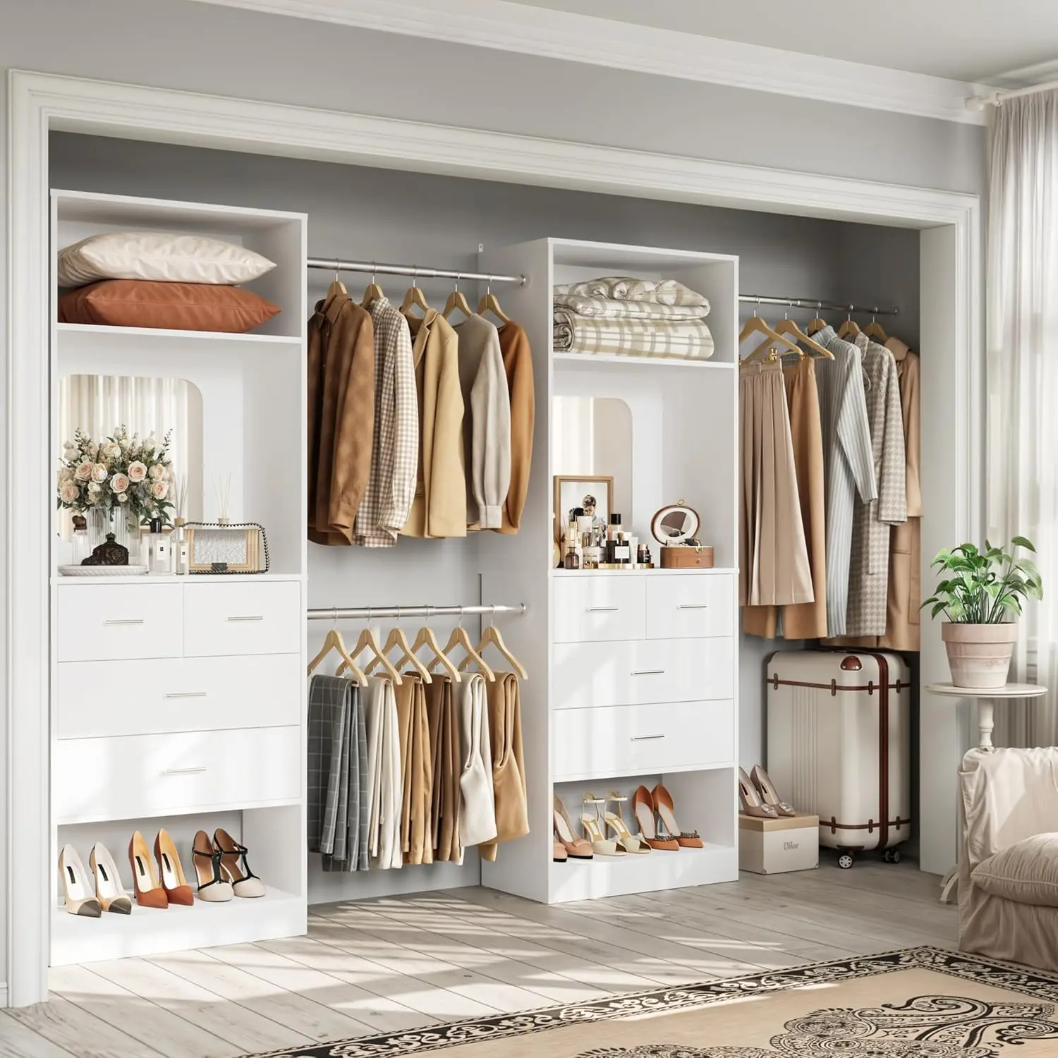 Closet Systems, 6-14FT Walk in Closet Organizer with 8 Drawers and Mirror, 168" Large Wood Closets Insert with, Customized