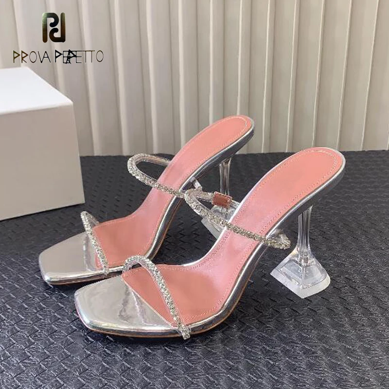 

Two Diamond Straps Women Summer Slip on Slides Open Toe High Heel Bling Bling Rhinestone Party Dress Shoe Attractive Mules