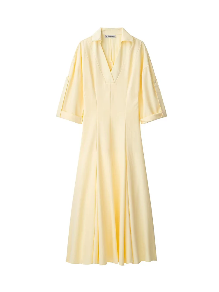 TFMLN New Women Casual Half Sleeve Long Dress Pure Color Slimming Shirt Dress Elegant Polo Collar Fashion Ladies Summer Outfit