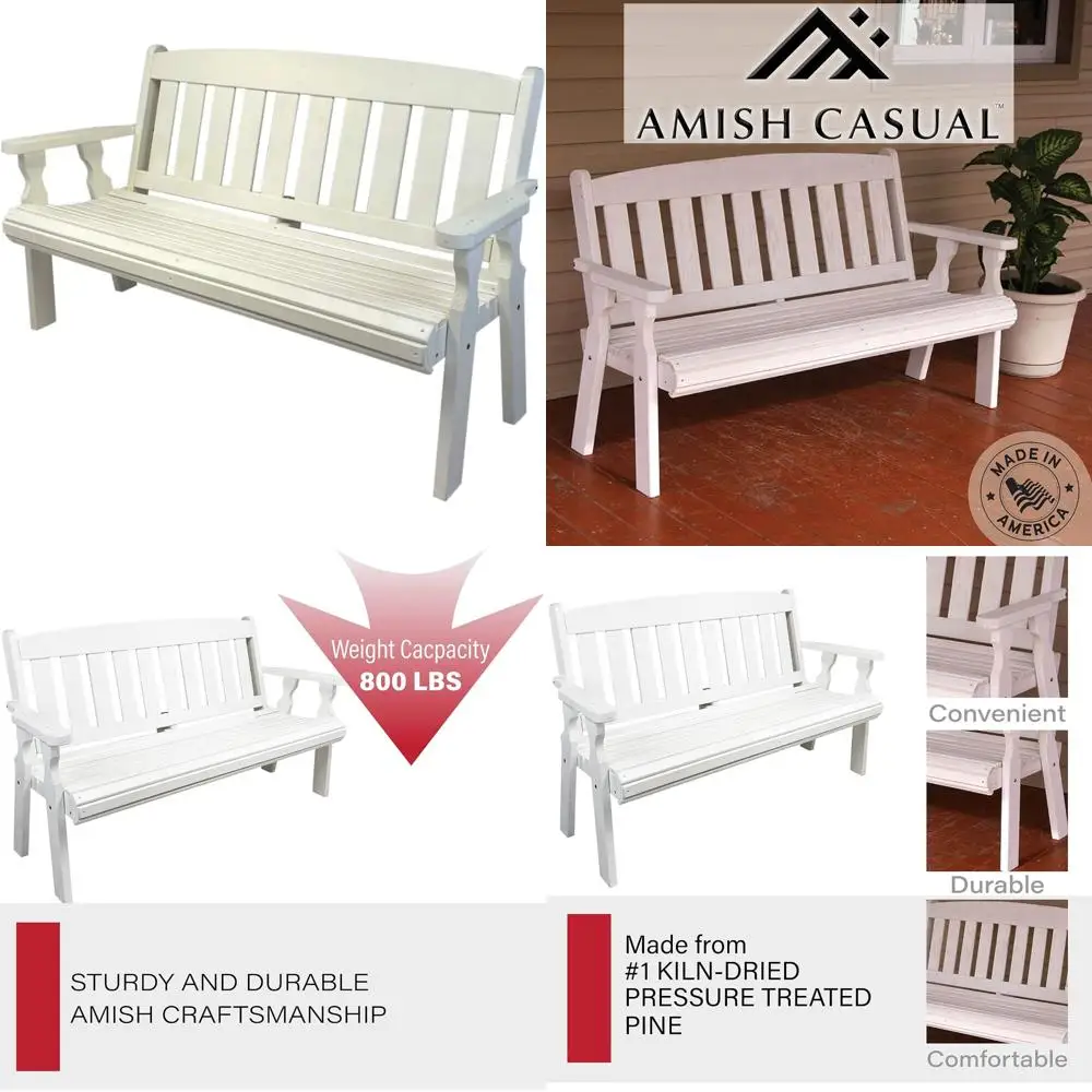 

Amish-crafted Outdoor Durable 800-Pound Capacity Mission-Style Pressure-Treated Garden Bench, 5 Feet Long with Semi-Solid White