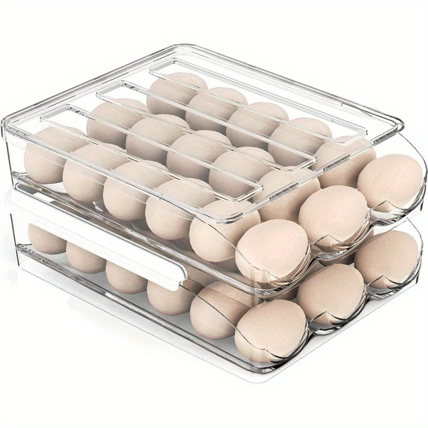 1/2 Layer Large Capacity Clear Plastic Egg Holder for Refrigerator - Automatically Rolling Egg  Container with Lid - Durable PE