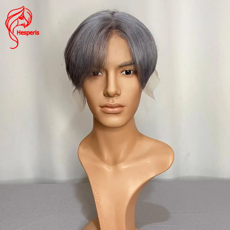 Hesperis Men Wig Human Hair Brazilian Remy Pixie Cut Short Lace Front Human Hair Wig For Male Grey Hair Color Fashion Boy Styled
